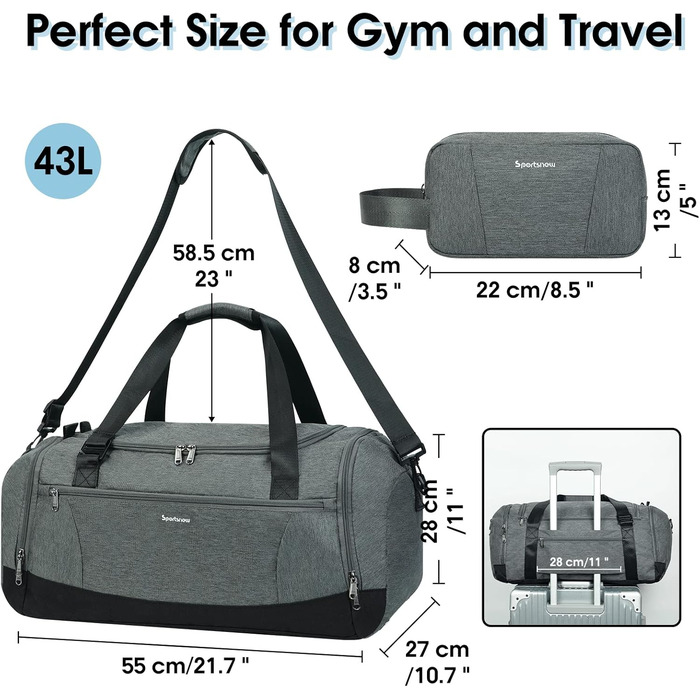 Sports Bag Backpack Duffle Bag for Men with Shoe Compartment & Wet Compartment and Toiletry Bag Weekender Bag Women's Gym Bag with Trolley Sleeve, Grey