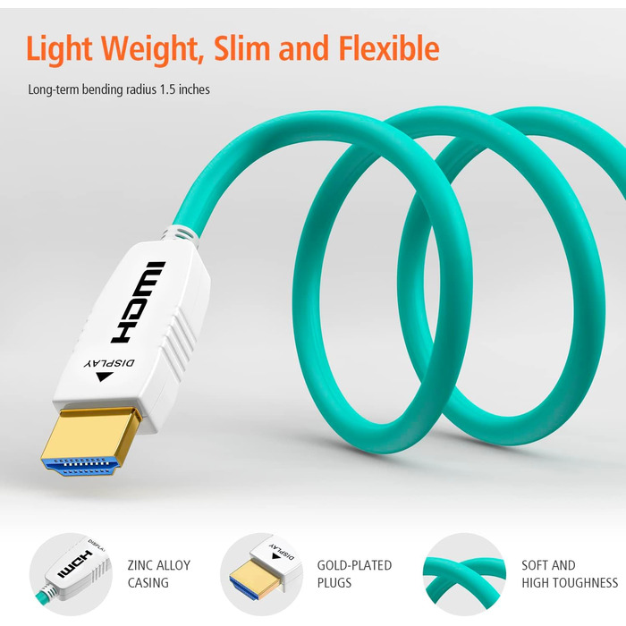 HDMI 2.1 оптоволоконний кабель 1м, 48 Гбіт/с, 8K@60Hz, 4K@120Hz, Dynamic HDR, eARC, Dolby, HDCP 2.2/2.3, сумісний з PS5, Xbox Series X, RTX 4090, TV, Beamer, AVR, зелений