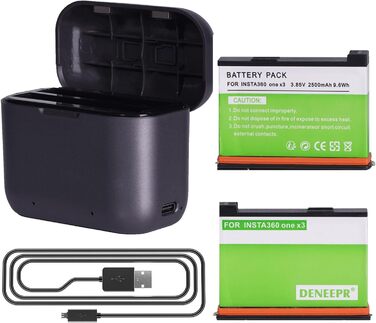2 x Акумулятори Insta360 2800mAh з зарядним пристроєм USB-C, сумісні з Insta360 Action Camera (X3), з Micro SD слотами
