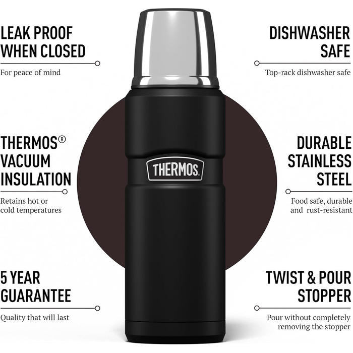 Kleine King Stainless Steel Thermos Flask - 470ml - Hot & Cold - Black