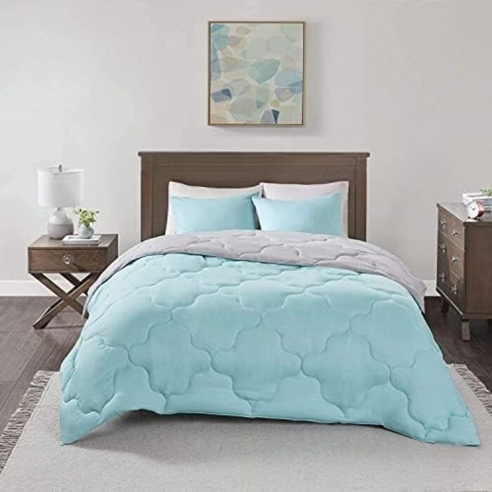 Комплект постільної білизни Comfort Spaces Vixie: стеганий дизайн, чорно-сірий, для всіх сезонів, з наволочками (Twin/Twin XL, Aqua/Grey)