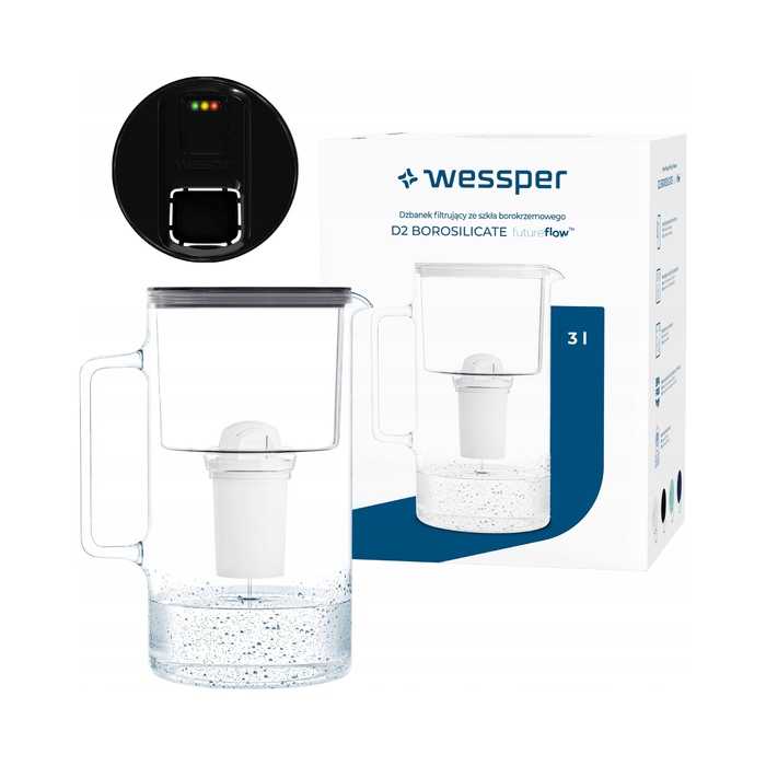 Скляний фільтраційний глечик Wessper D2 BOROSILICATE FF 3л, чорний + фільтр