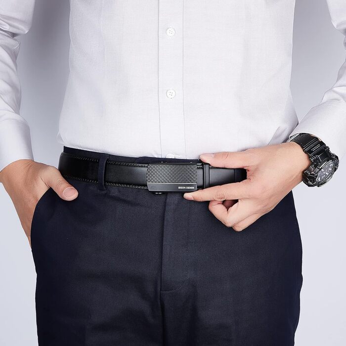 Чоловічий шкіряний ремінь BISON DENIM з автоматичною застібкою-разом - для ділового костюма, ширина 35 мм, чорний