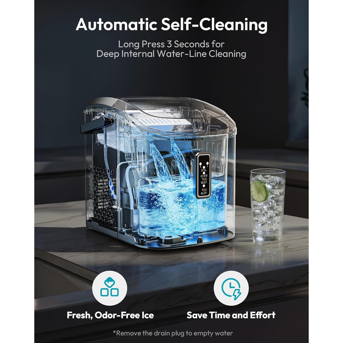 Машина для приготування льоду EUHOMY, чорна, 12 кг/день, самоочищення, 9 кубиків за 6 хвилин, 2 розміри, з ручкою, кошиком та лопаткою