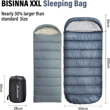 Сплячий мішок BISINNA XXL для великих дорослих, 3-4 сезони, зимовий, для кемпінгу, теплий, широкий, сірий, 2.5 кг, блискавка справа