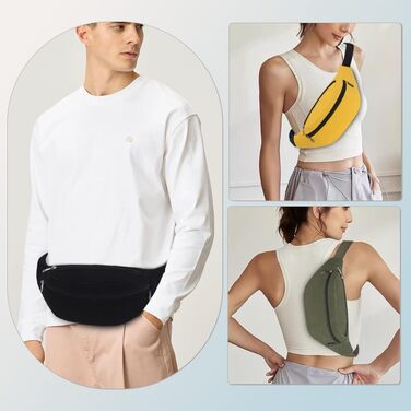 Поясна сумка через плече для чоловіків та жінок, стильна, 3 відділення на блискавці, для подорожей та активного відпочинку (Чорна)