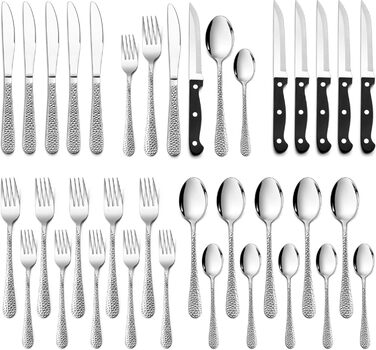 Набір столових приборів HaWare, 60 предметів, нержавіюча сталь, на 12 осіб (ніж, виделка, ложка). Сучасний дизайн з молотковою ручкою для дому, вечірки, ресторану, готелю. Відшліфовано до блиску, придатний для миття в посудомийній машині. Включає набір з 