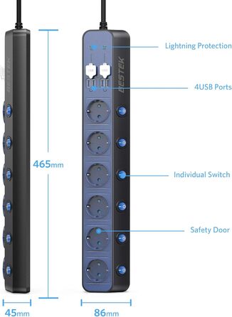 BESTEK Розподільник розеток 6-фазний з USB, захист від перенапруги 900 Дж, настінний, з вимикачем, синьо-білий, кабель 3 м