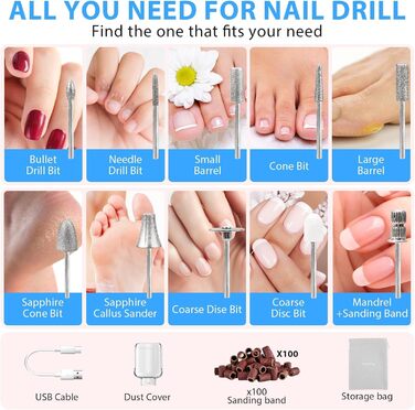 Електричний набір для манікюру Karrong: бездротовий фрезер з 10 насадками, LED-підсвічування, для гель та акрил