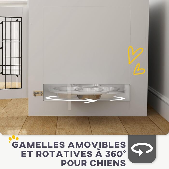 PawHut Будка для собак, дерев'яна, з 2 обертовими мисками, 2 двері, столиком, для собак середніх порід до 20 кг, 80 x 60 x 63 см, біла