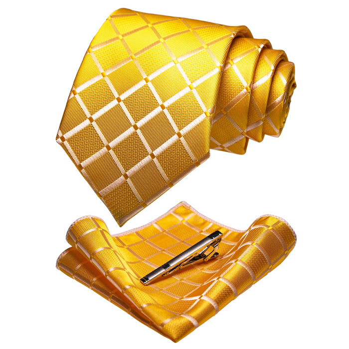 Чоловіча краватка в клітку JEMYGINS для весілля, жовта, з хустинкою та затискачем для краватки
