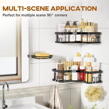 MAXIFFE Дзеркальна поличка для душу з 8 гачками, набір 3 шт, самоклеюча, чорна