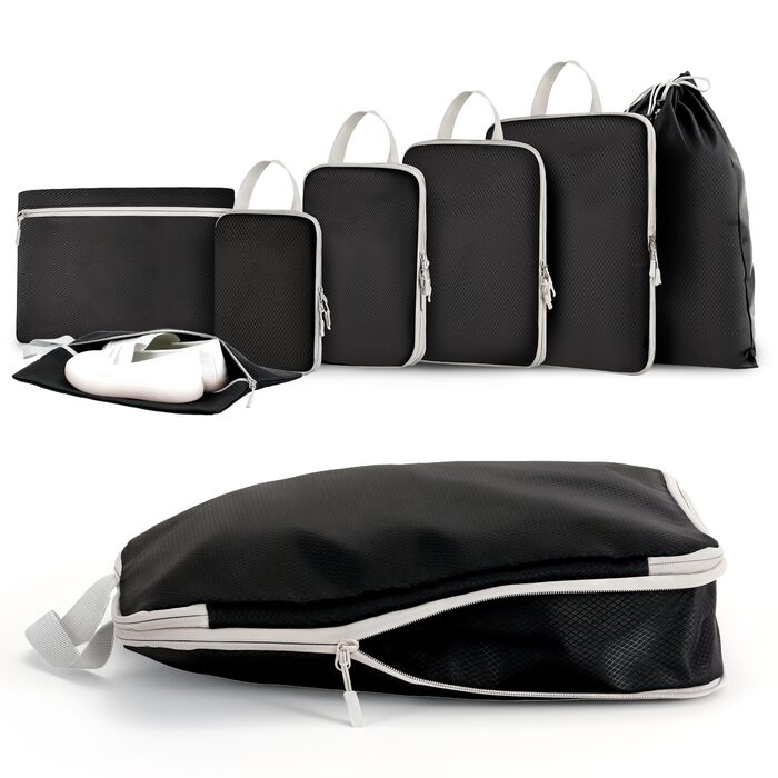 Набір кубиків-органайзерів для подорожей MEUVO - 7 шт. Компресійні сумки для валізи/рюкзака, чорні
