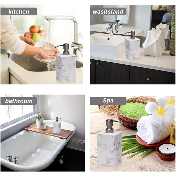 Дозатор для мила Suanti, 425 мл, з помпою з нержавіючої сталі, наповнюваний, квадратний, декоративний, для мила для рук, миття посуду та лосьйону, стиль мармур (білий та білий)