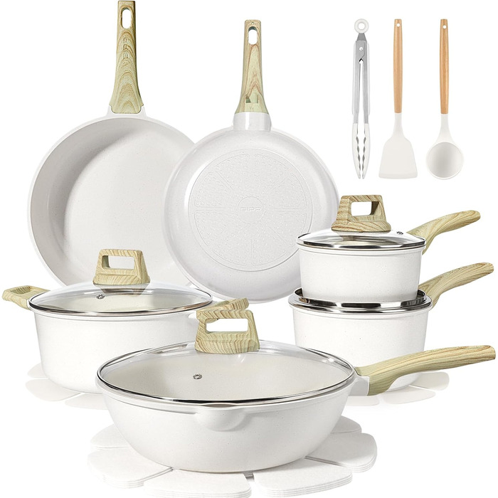 Набір посуду GiPP 17-ти частинний: каструлі, сковорідки з антипригарним покриттям, сковорідки 24+28 см, каструля 4.2 л, каструлі 16+18 см, сковорода для омлету з 4-ма отворами, лопатка та ложка, підходить для всіх типів плит (білий)