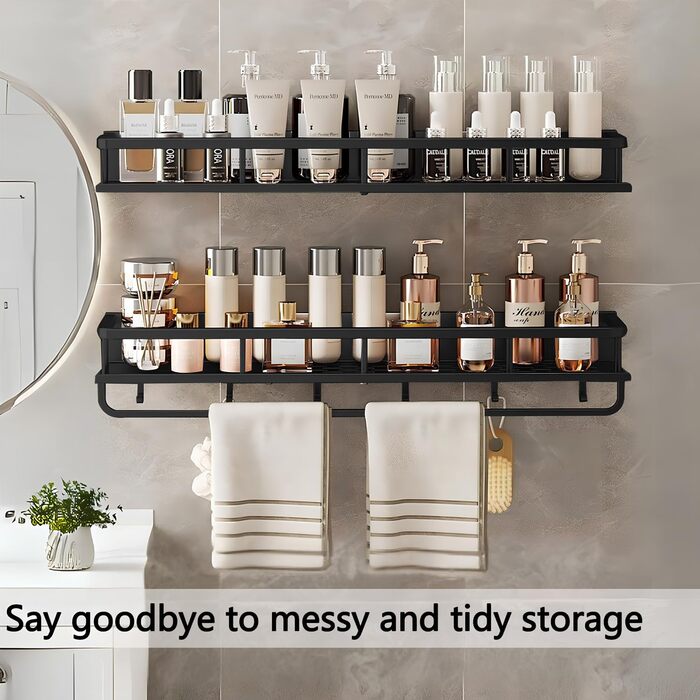 Поличка для душу Devesanter без свердління, 2 шт., 60 см, органайзер для шампуню та мила з тримачем для рушників та 6 гачками, для ванної кімнати, спальні, кухні, чорний