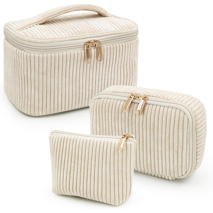 Набір косметичок для жінок: 3 шт. - для макіяжу, подорожей, повсякденного використання. Колір: бежевий