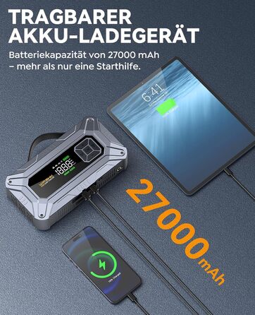 Портативний пусковий пристрій 8000A з повітряним компресором 160 PSI для бензинових та дизельних двигунів (до 10 л), з дисплеєм та аварійною світлодіодною лампою