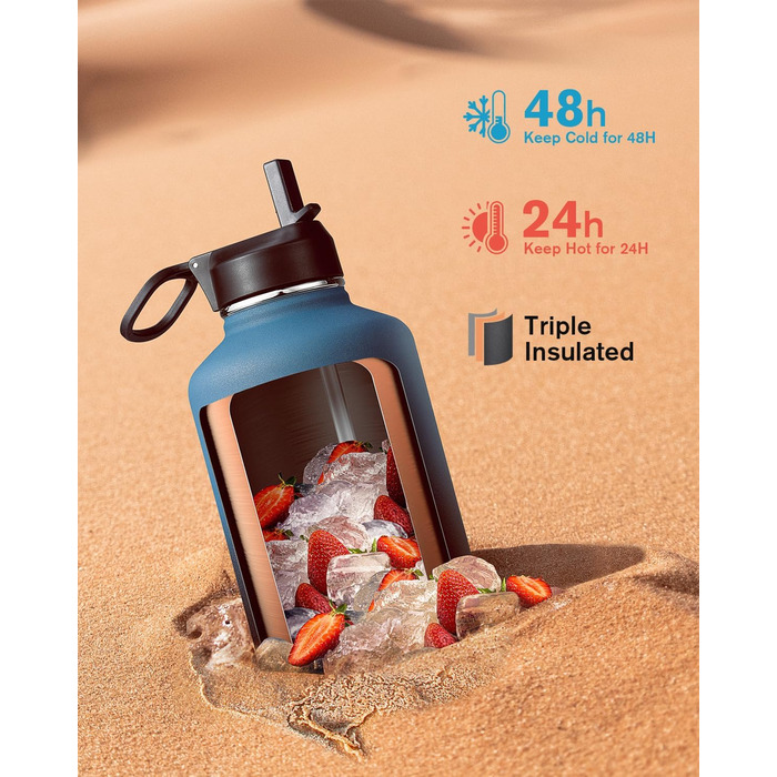 Термопляшка Coolflask 2л з соломинкою та 3 кришками, нержавіюча сталь, для спорту та офісу, Indigo Schwarz