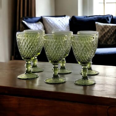 Vintage Set of 6 Colored Glasses and Tumblers with Diamond Pattern (Netz Green Wine Glass), Long Drink Glasses, Cocktail Glasses with Embossing, Glass, Tumbler, Wine Glass, Water Glass, Goblets