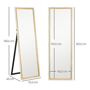 HOMCOM Full Length Mirror, 162.6 x 53.5 cm Standing Mirror with Stand, Wall Mirror for Living Room, Bedroom, Dressing Room White + Natural Wood | Aosom