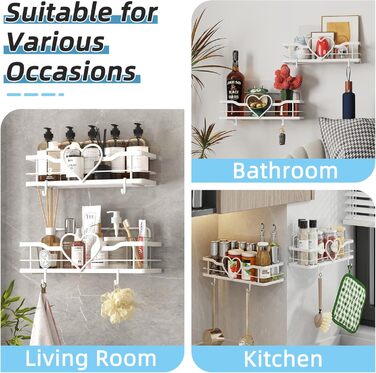 Двосекційна поличка для душу без свердління з 4 гачками, органайзер для шампуню та мила, поличка для ванної кімнати (11.5 см, білий)