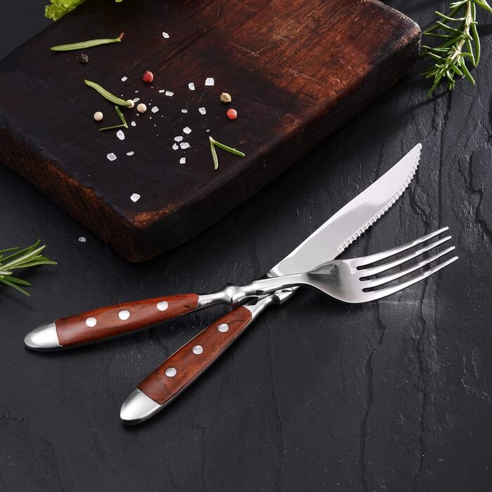 Набір столових приборів GRÄWE для стейку, 12 предметів, нержавіюча сталь полірована, коричнева ручка, для 6 осіб, посудомийна машина