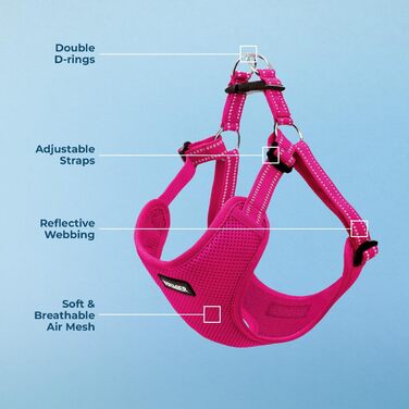 Шлейка для собак Voyager з регулюванням та світловідбиваючими смугами Best Pet Supplies - міцна жилетка для собак без натягу з кільцем для повідка, дихаюча, фуксія, розмір S.