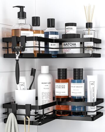 Поличка для душу Kitsure без свердління – 2 шт. Стабільне душове решітка без свердління з швидким стоком, нержавіючою статтю та міцним клейким кріпленням для ванної кімнати, 22,0 x 22,0 x 5,0 см, Чорний