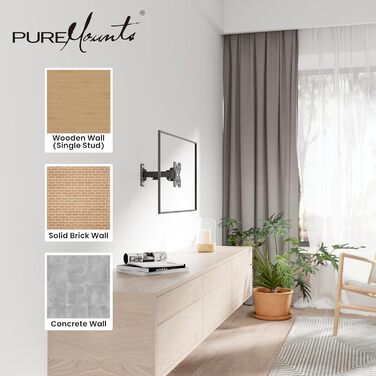 Кріплення для телевізора PureMounts - настінний кронштейн, нахильний та поворотний, VESA 200x200 мм, для телевізорів та моніторів до 30 кг, чорний (без шарнірного кріплення, 13-32 дюйми)