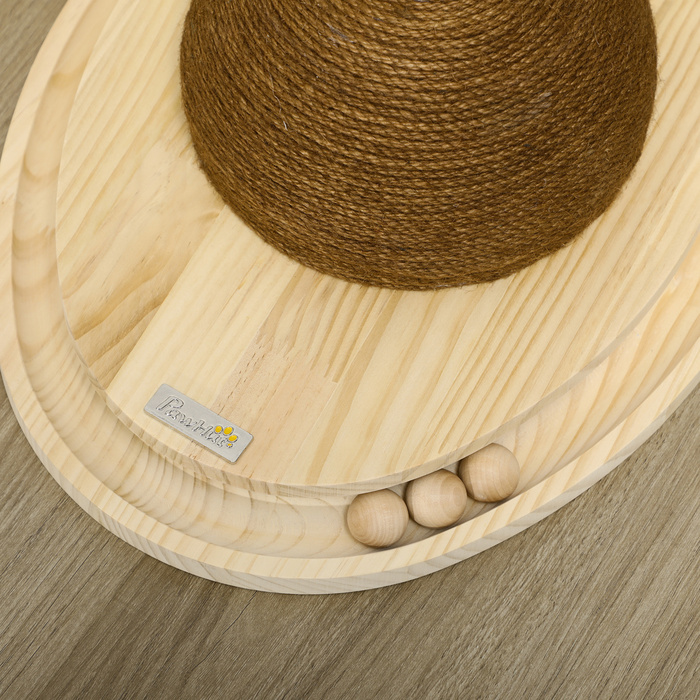 PawHut Interactive Cat Toy 2-in-1 Scratching Post with Scratching Board and Ball Track made of Jute and Pine Wood in Natural and Coffee 39.5x32.5x14.5 cm
