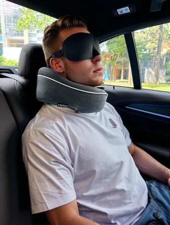 Подушка для шиї, туристична, з піною з пам'яті, для авто, поїздів та літаків, комплект з маскою для очей та берушами (темно-сіра)