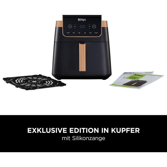 Ninja Air Fryer MAX PRO, 6.2 L, Oil-Free, Large Drawer, Roasting, Baking, Air Fry, Non-Stick Coated, Dishwasher-Safe Basket & Crisper Grate Insert, Silicone Tongs, Black/Copper, AF180EUCP Single 6.2L Copper/Black