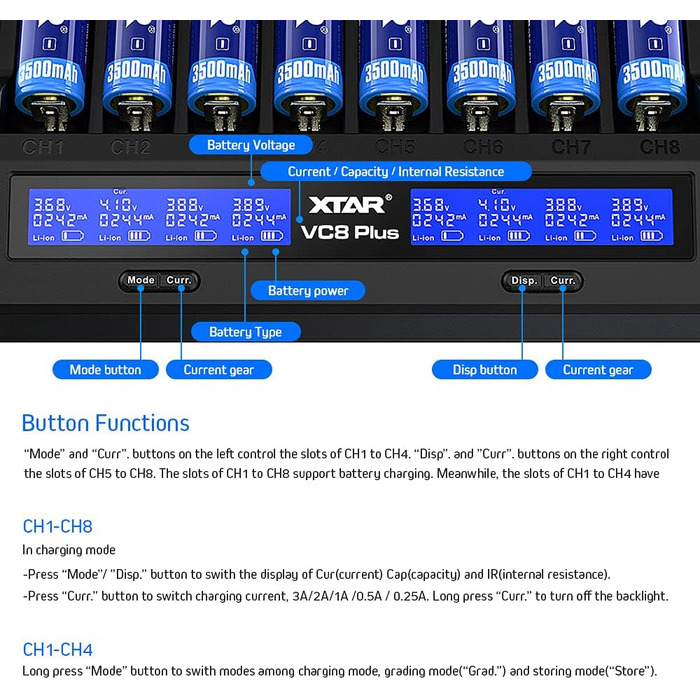 Зарядний пристрій Xtar VC8 Plus для 8 акумуляторів Li-Ion та NiMH з LCD-дисплеєм, EU