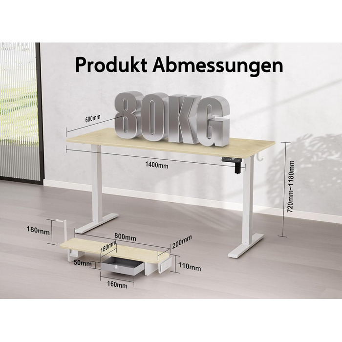 Electric Standing Desk with Drawers - Adjustable Height Desk for Home Office & Business - Monitor Stand & Phone Holder - 140x60cm Oak Finish