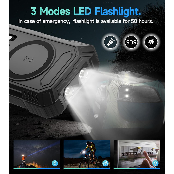 Портативний зарядний акумулятор Solar Powerbank 56800mAh з сонячною панеллю, 30W PD, 3.0A USB-C, 3 порти (2 USB та 1 Type-C), бездротовий заряд 15W, LED-індикатор, ліхтарик, чорний