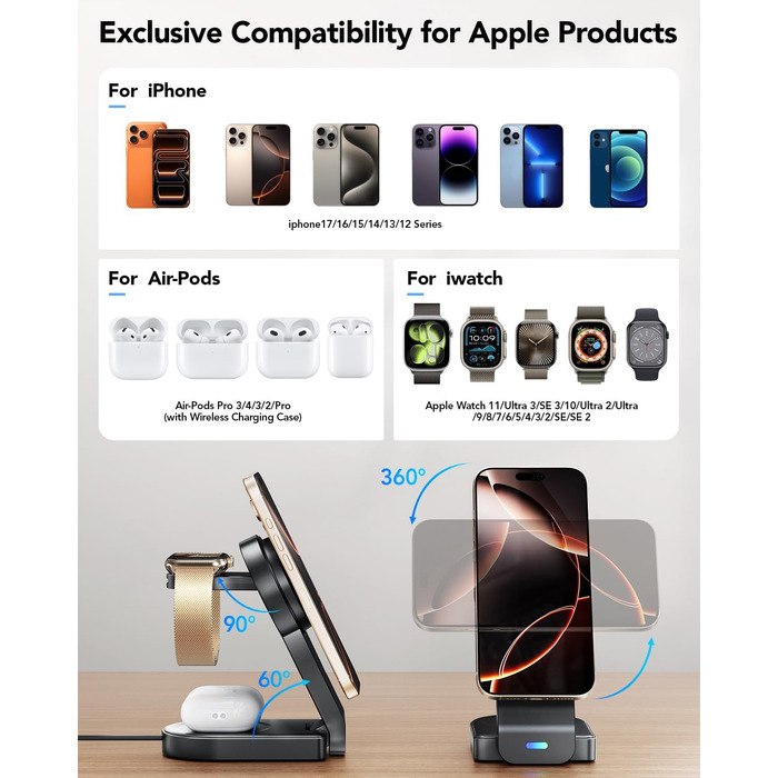 Магнітна складана бездротова зарядка 3-в-1 для Apple iPhone, iWatch, AirPods (Чорний)