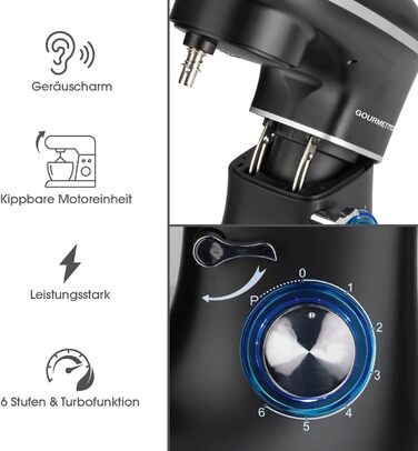 Gourmetmaxx Kitchen Machine with Kneading and Whisking Function | Powerful kitchen machine with a large 5-liter stainless steel bowl and direct drive | Includes mixing attachment, dough hook & whisk [1,500 watts] Metallic Black
