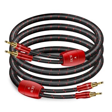 Комплект акустичних кабелів SKW 2м (пара), 14 AWG OFC мідь, екрановані, з позолоченими банановими та гвинтковими роз'ємами, у бавовняному обплетенні, червоні