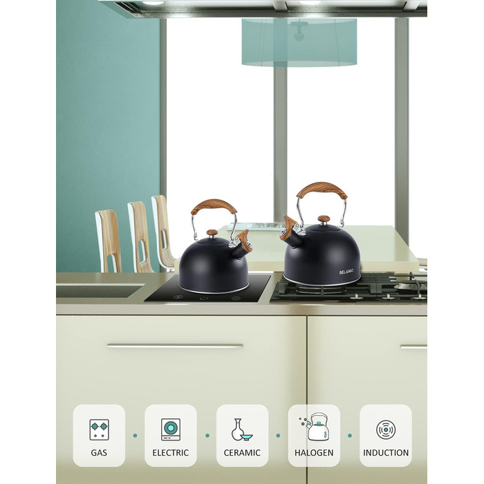 Чайник BELANKO з свистком, 2,5 л, нержавіюча сталь, з дерев'ястим малюнком, складаний ручка, для чаю, кави, молока – блакитний (чорний)