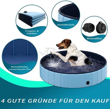 TOSANEO Dog Pool Swimming Pool Splash Pool Bathtub Dog Bathtub Swimming Pool for Dogs and Cats Space-Saving Foldable Blue Ø 160cm x H 30cm