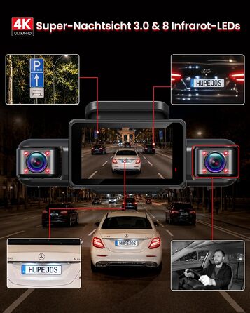 Автомобільний відеореєстратор HUPEJOS V9 4K з сенсорним екраном, 4-канальна камера 360 градусів для авто