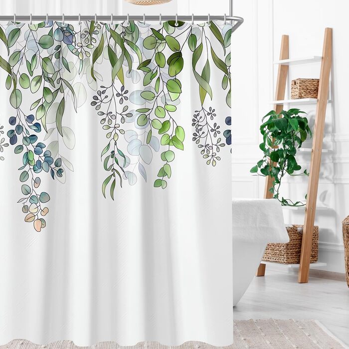 Штора для душу 300x200 см, зелені листки, антигрибкова, текстильна, з обтяженим краєм, водовідштовхувальна, поліестер, з кільцями та 16 гачками для ванної кімнати