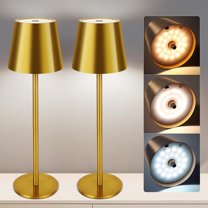 Світлодіодний настільний світильник бездротовий з сенсорним керуванням, USB-C, димування, акумулятор, 3 режими кольору, регульована висота, IP54 водонепроникний для ресторану, спальні, бару, вулиці (Золотий)