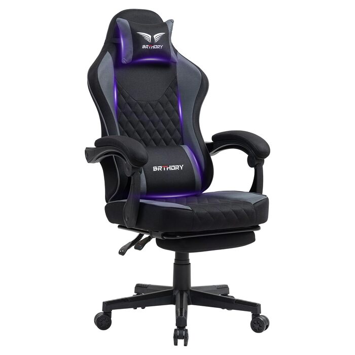 Геймерське крісло Racing Ergonomic Stoff – чорно-сіре з підставкою для ніг та регульованою спинкою (135°)