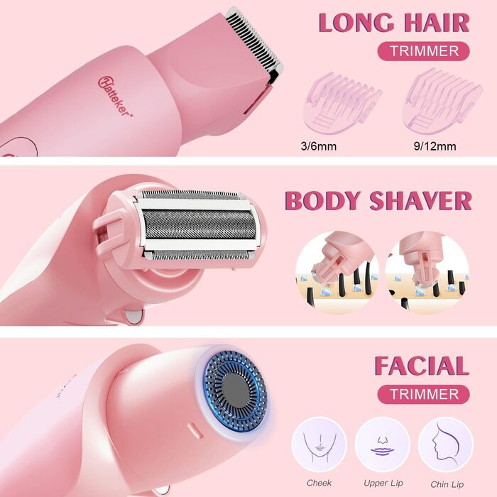 Електричний епілятор Hatteker 3-в-1 для жінок: тример для бікіні, епілятор та бритва. LED-дисплей, IPX7, USB-зарядка (Рожевий)