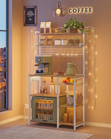 Полиця кухонна VASAGLE з розетками, стелаж для мікрохвильовки, 8 гачків S-подібної форми, кухонний шафчик, органайзер для спецій, 40 x 90 x 165,5 см, коричневий вінтаж та чорний, KKS031K11