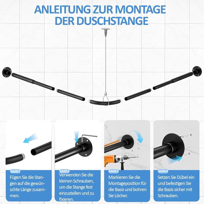 Штанга для душу L-подібної форми, регульована 60-134 см, з кріпленням для штори та опорою для стелі, чорна. Підходить для ванни/ванної кімнати. Потрібно свердління.