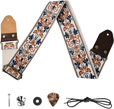 Гітарний ремінь з бавовни для акустичної гітари, 2 шт., вишиті ремені для бас-гітари, електрогітари та акустичної гітари, безкоштовна пряжка, замок для ременя та медіатор (Retro-gold-jacquard)
