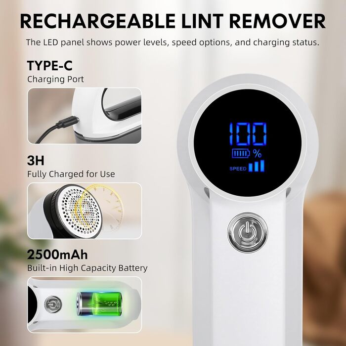 Електричний зарядний машинка для видалення катишків GUPAY 2500mAh, 3 швидкості, 6-лопатеві леза, LED-дисплей, USB, для одягу та меблів